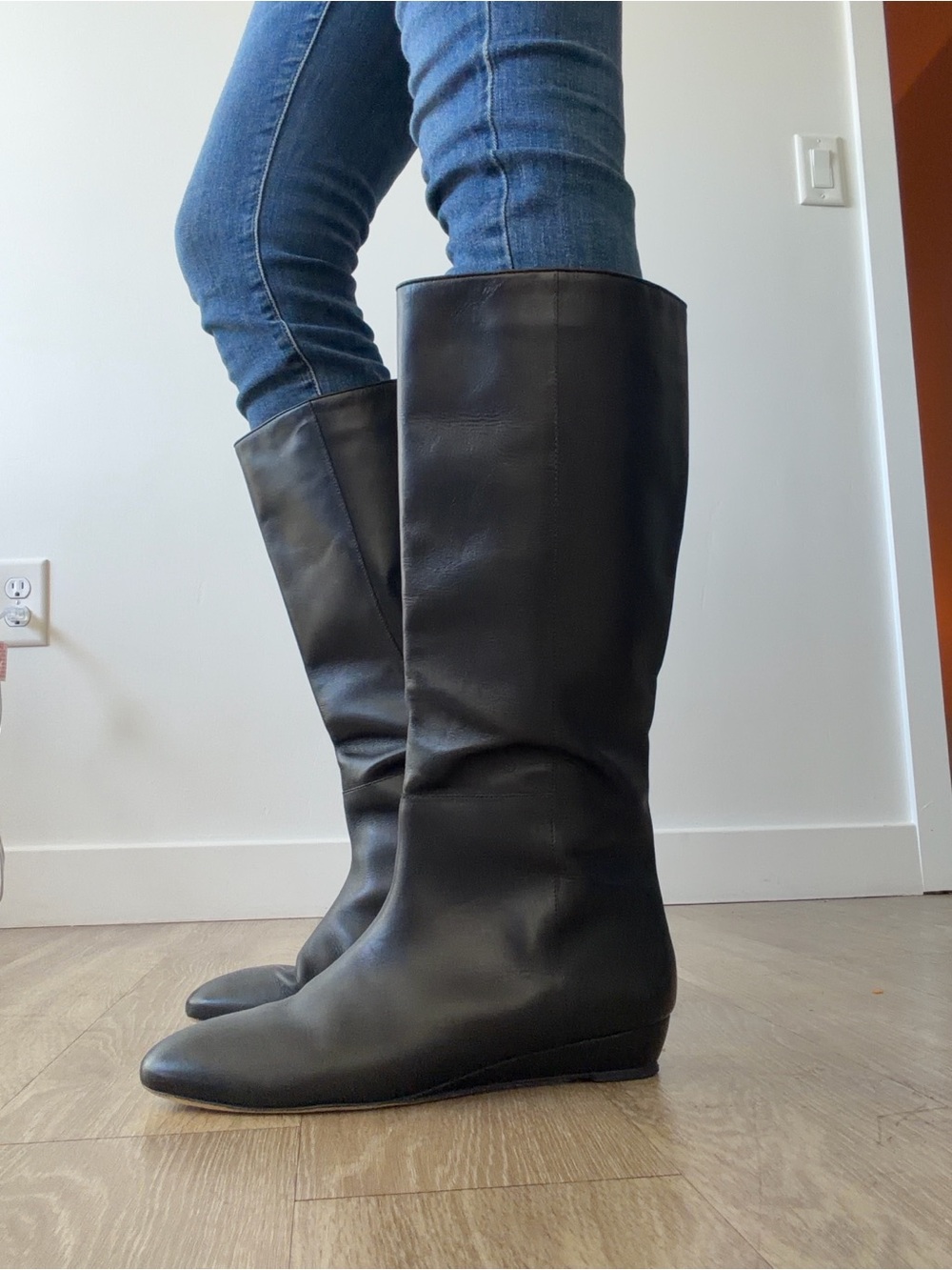 Loeffler Randall Matilde Black Leather Pull On Riding Boots Wedge Size 11